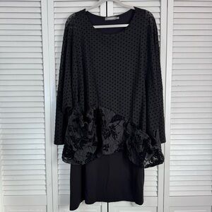 Alembika Layered Mix Media Burned Velvet Tunic Dress Black Asymmetrical L/XL